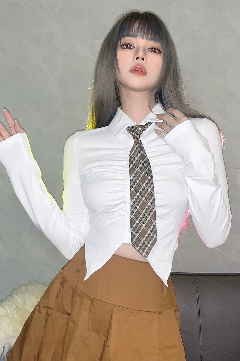 Camisa de manga larga ajustada corta de color liso para mujer