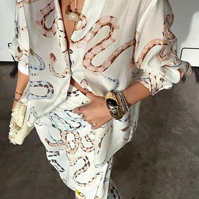 Snake Print Shirt And Skirt Suit Single-breasted Beach