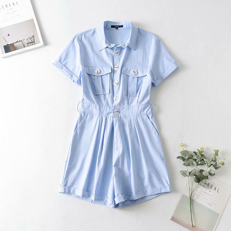 European And American Style Retro Lapel Short-sleeved Loose Overalls