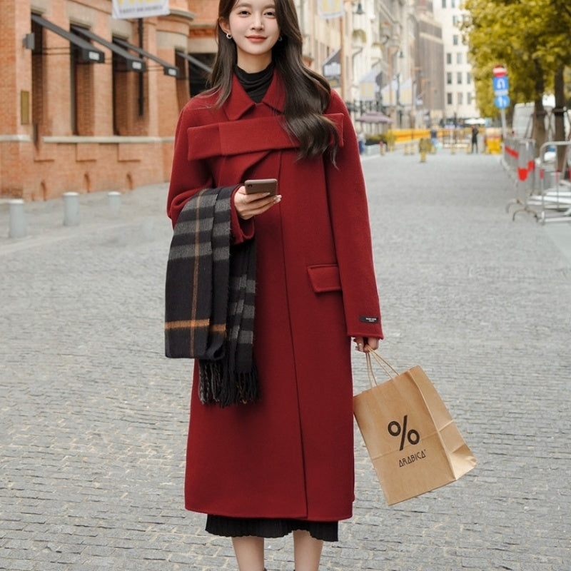 Abrigo de lana con lazo rojo para mujer, abrigo nuevo de otoño e invierno