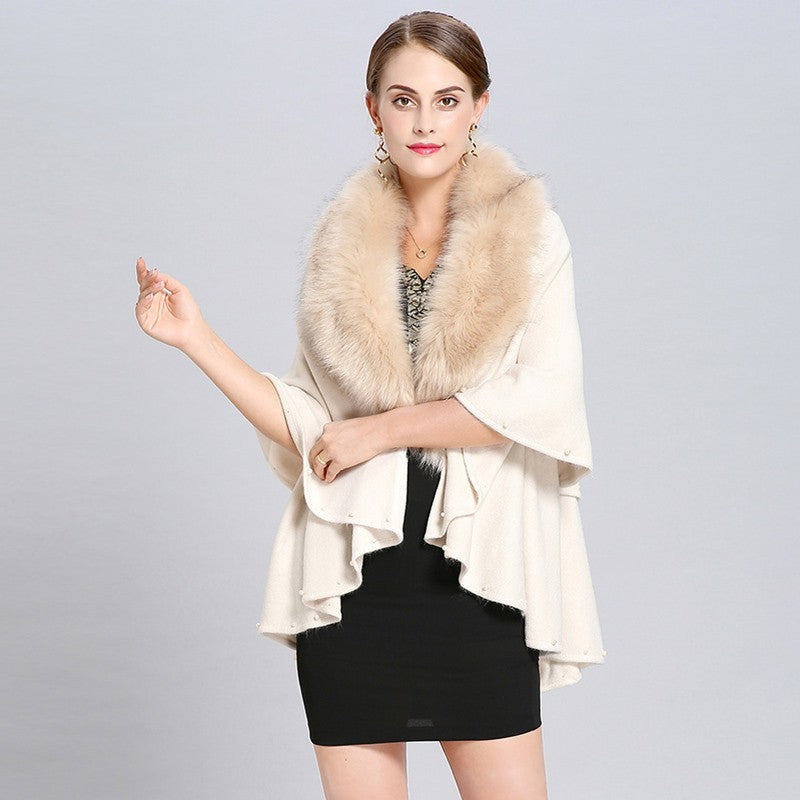 Women's Fashion Fur Collar Beaded Double Layer Inverness