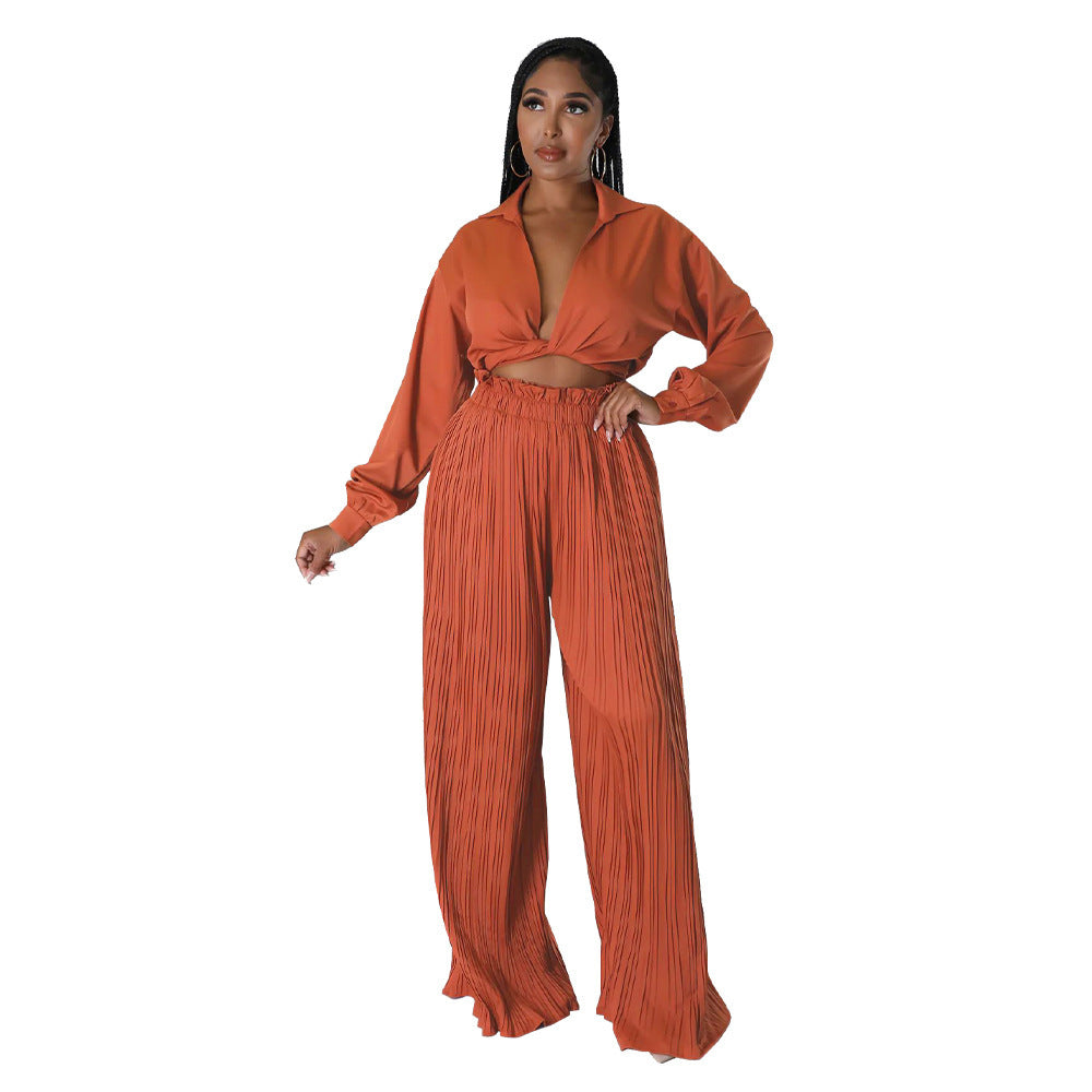 Cross Border Herbst Bestseller Damen Langarm V-Ausschnitt Schnürtop Plissee Bluse und Hose Großhandel