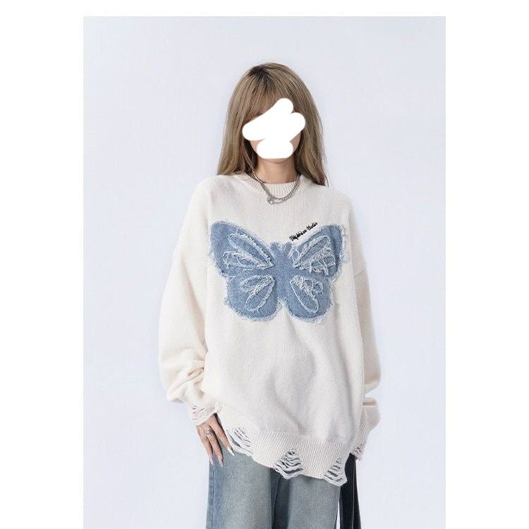 Women's Niche Butterfly American Retro Denim Embroidered Sweater