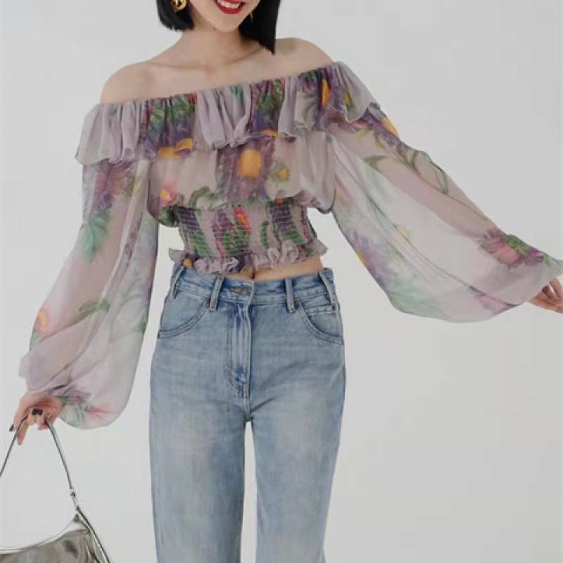 Colored Lantern Sleeve Off-Shoulder Long Sleeve Shirt