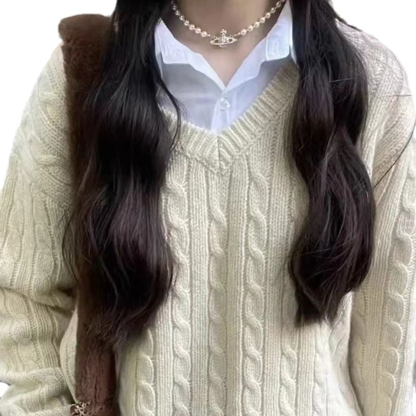 Mismo estilo Otoño e Invierno americano Twist pulóver suéter con cuello en V estilo Preppy suéter suelto Top