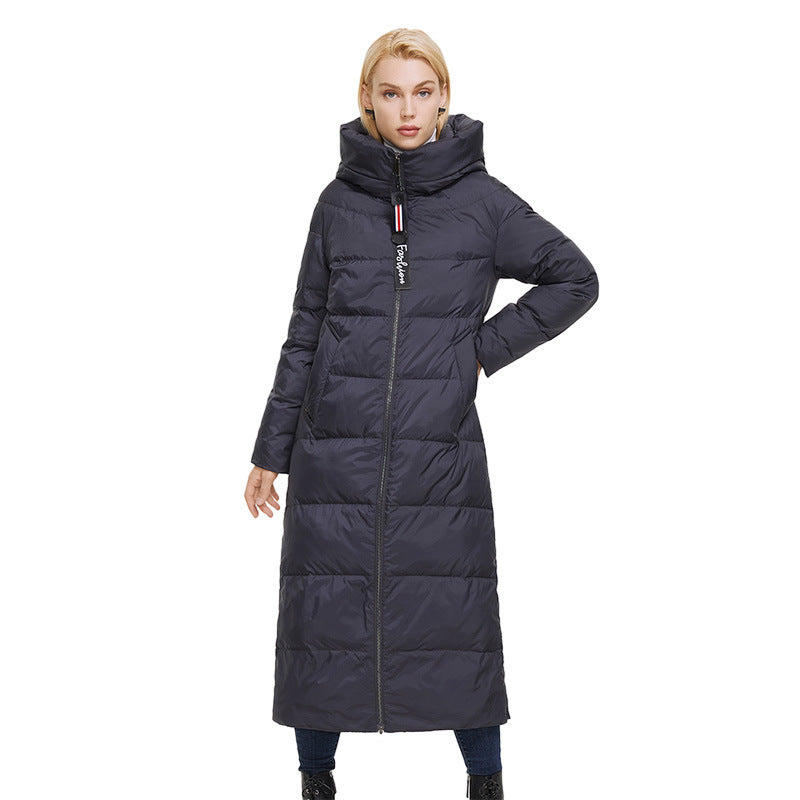 Hooded Stand Collar Coat Extra Long Thermal And Windproof Zipper Cotton-padded Coat