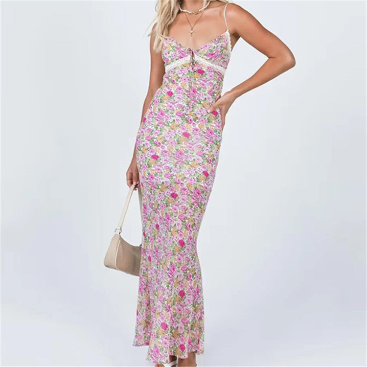 European And American Ins Blogger V-neck Lace Floral Slip Dress