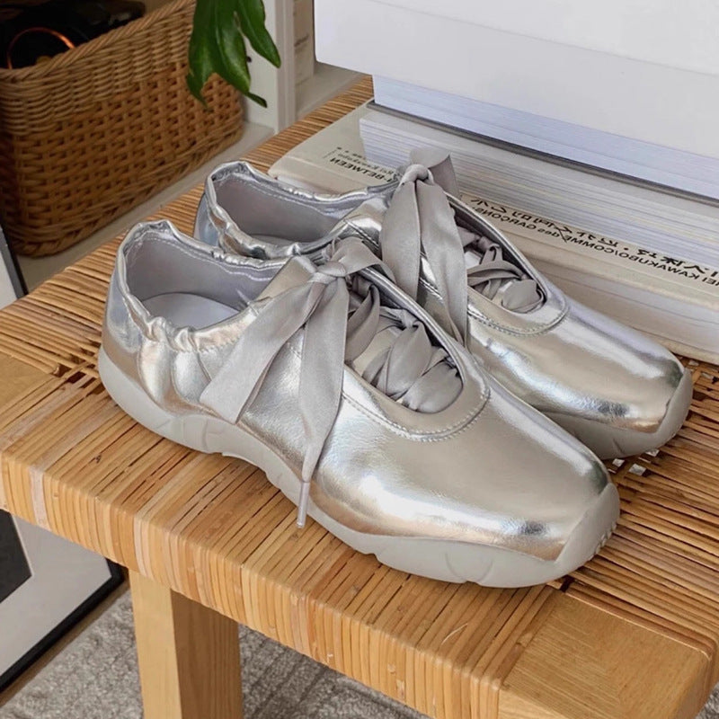 Women's Silver Lace-up Ballet Shoes Casual Sneaker