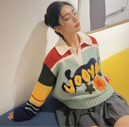 Towel Embroidery Letter Jacquard Lapel Knitted Sweater