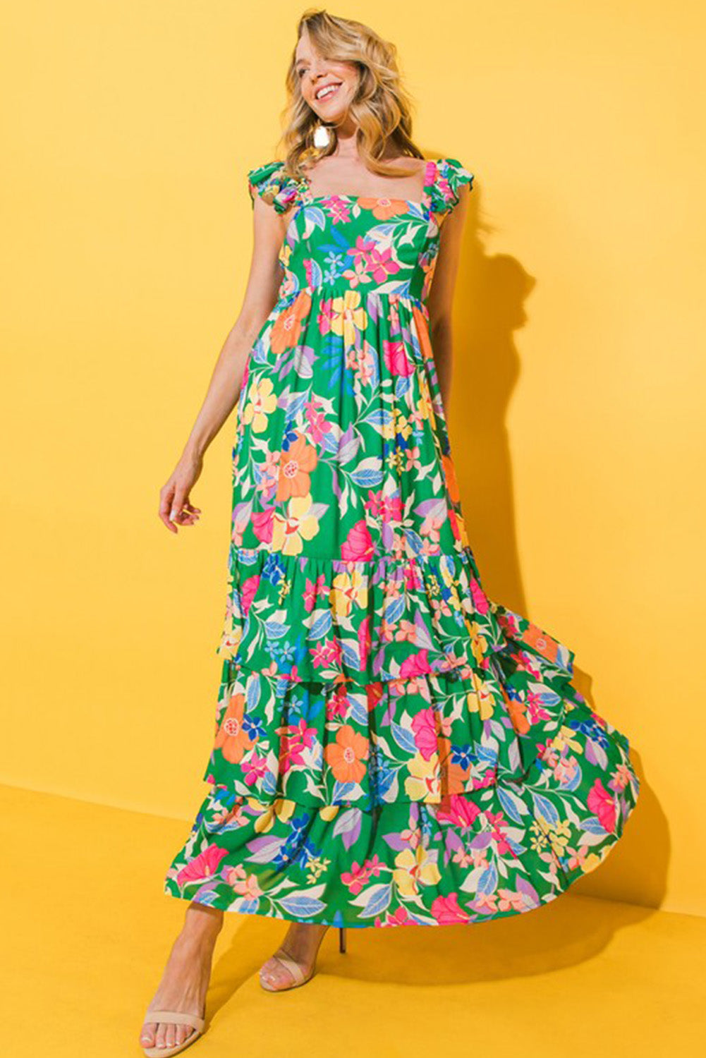 Green Floral Print Sleeveless Ruffle Tiered Maxi Dress