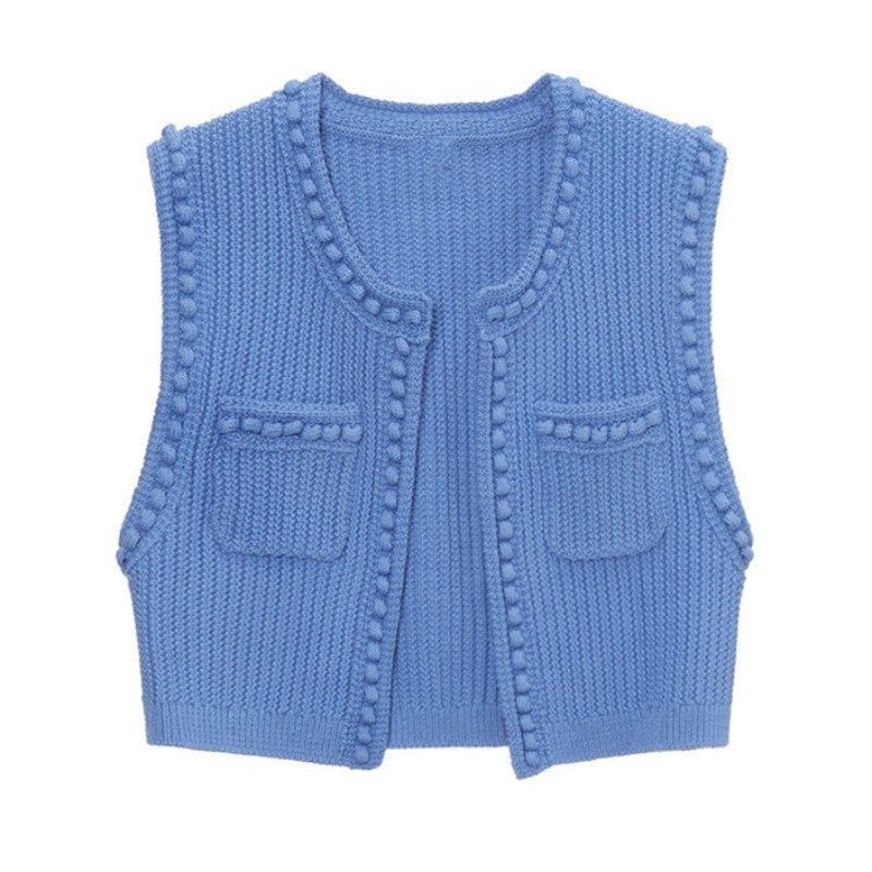 Blue Crewneck Knitted Cardigan Vest Short Style Vest