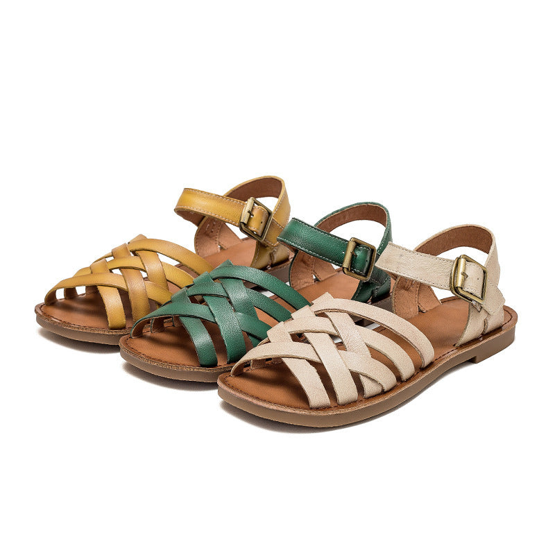 Flache Sandalen für Damen mit runder Zehenpartie, poliert, im Retro-Stil, künstlerischer Stil, Römersandalen