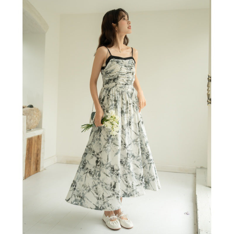 Summer French Style Temperament Design Waist Slimming Sling Flower In Ink Mid-length Dress