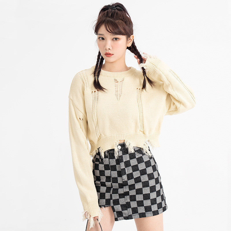 Hole Cut Irregular Special Trendy Style Short Sweater