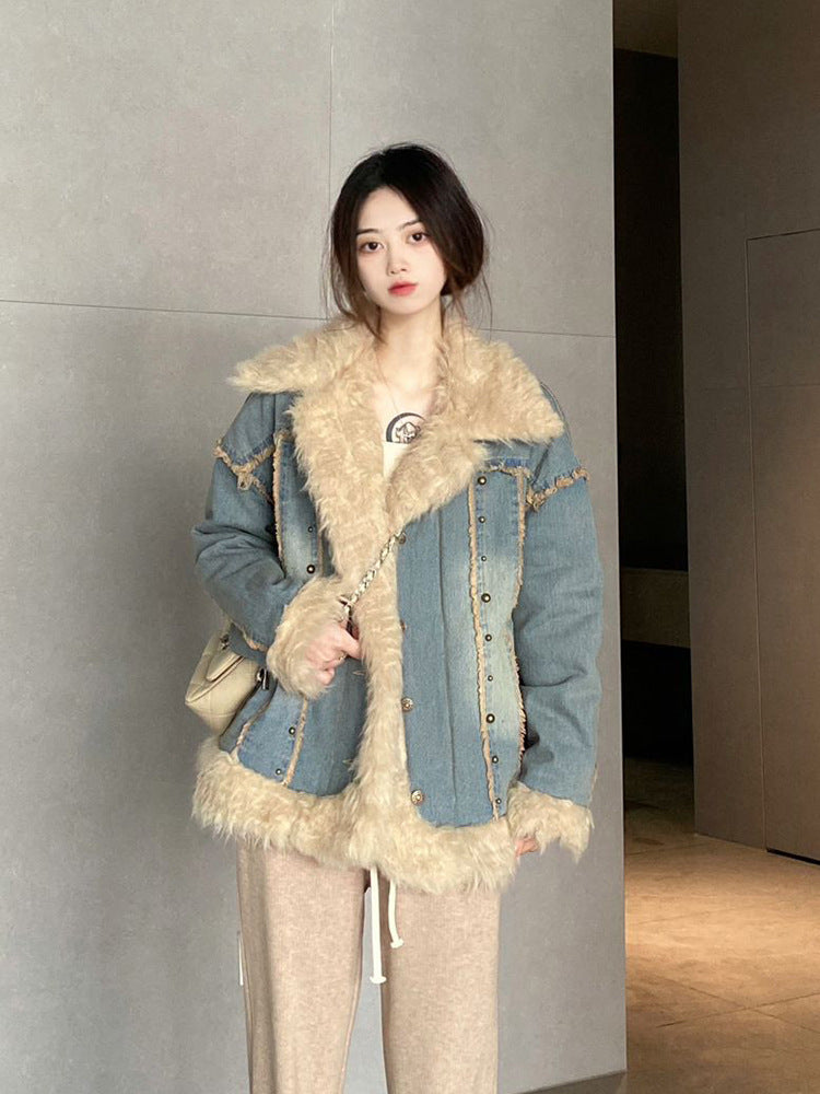 Denim Fur Collar Coat Women's Winter Hong Kong Style Vintage Top