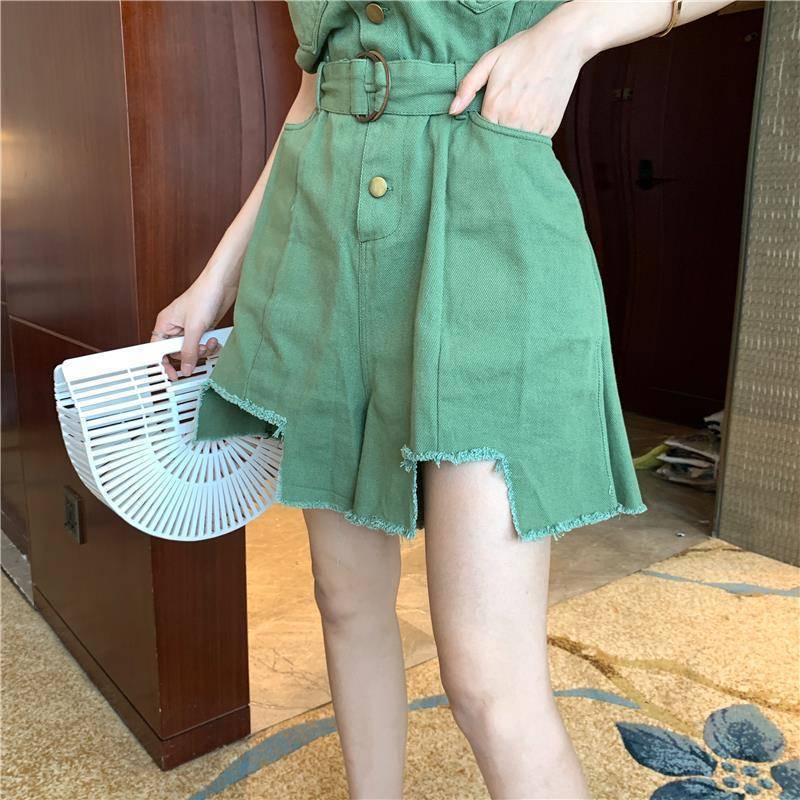 High Waist Washed Frayed Loose Waist Thinner Wide-leg Jumpsuit Women's Shorts Fashion Suit