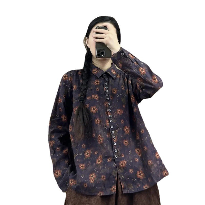 Camisa tipo cárdigan floral con solapa y estampado literario retro para mujer