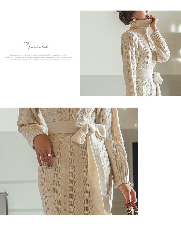 High Collar Twist Lace-up Waist Mid-length Sweater Dress