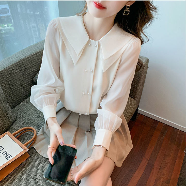 Chiffon Long Sleeve Shirt Ladies Lantern  Doll Collar