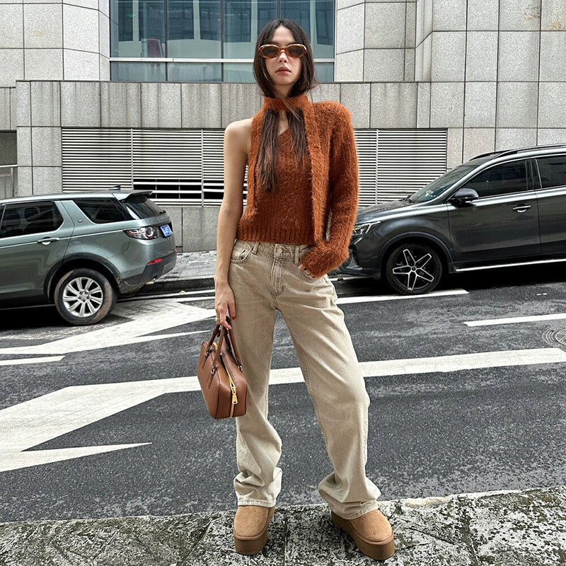 Camisa pequeña con parte inferior de Mohair de imitación de otoño e invierno para mujer