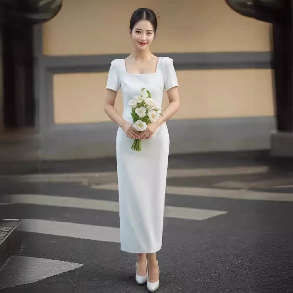 Vestido delgado elegante de boda ligero de manga corta con cuello cuadrado francés