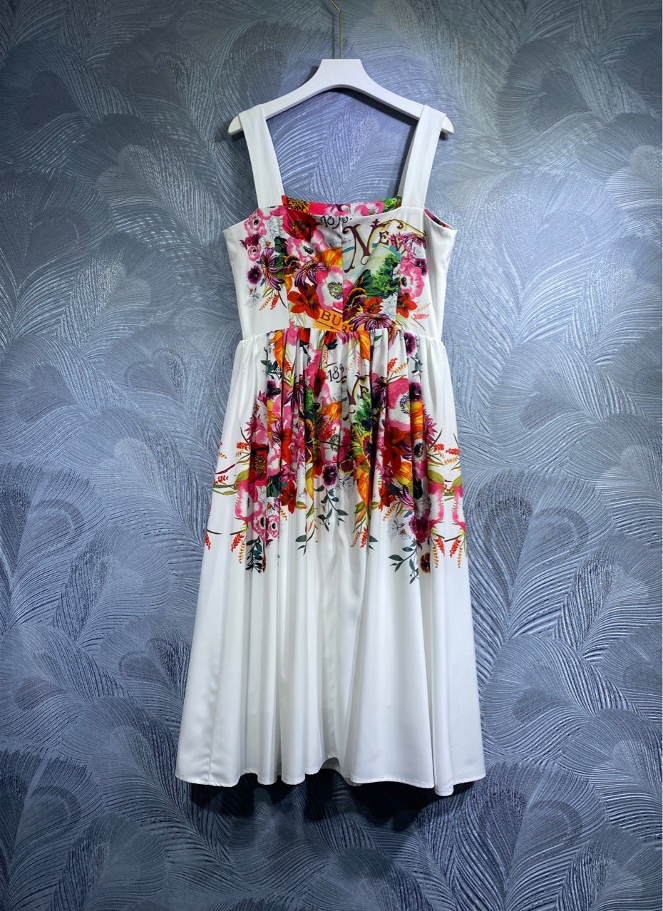 Spaghetti-strap Floral Print Beaded Dress