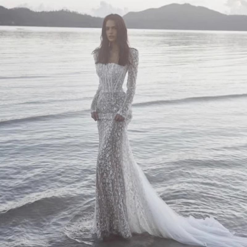 Fishtail Dress Light Wedding Dress Pearl Embroidery Evening Dress