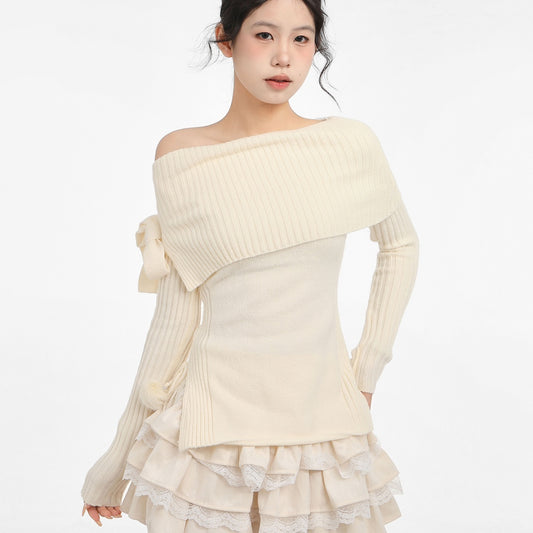 Damen One-Shoulder-Bow-Pullover-Kuchenrock mit Schleife