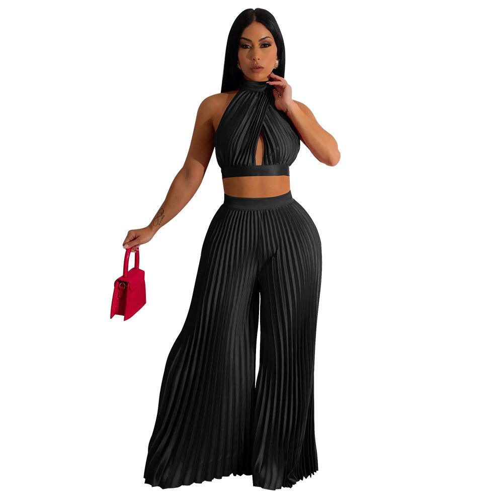 Women's Halter Silk-like Pleated Wide-leg Pants Two-piece Set