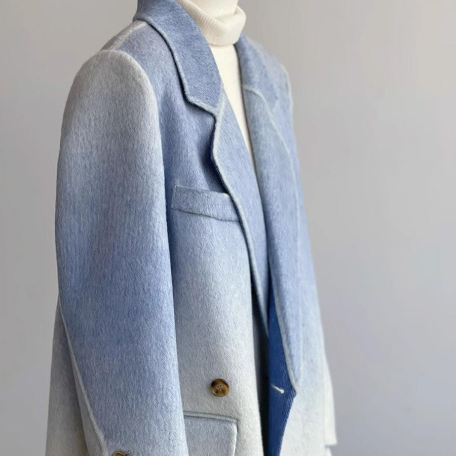 Double-faced Woolen Goods Shoulder Elegant Blue Gradient White Coat Coat