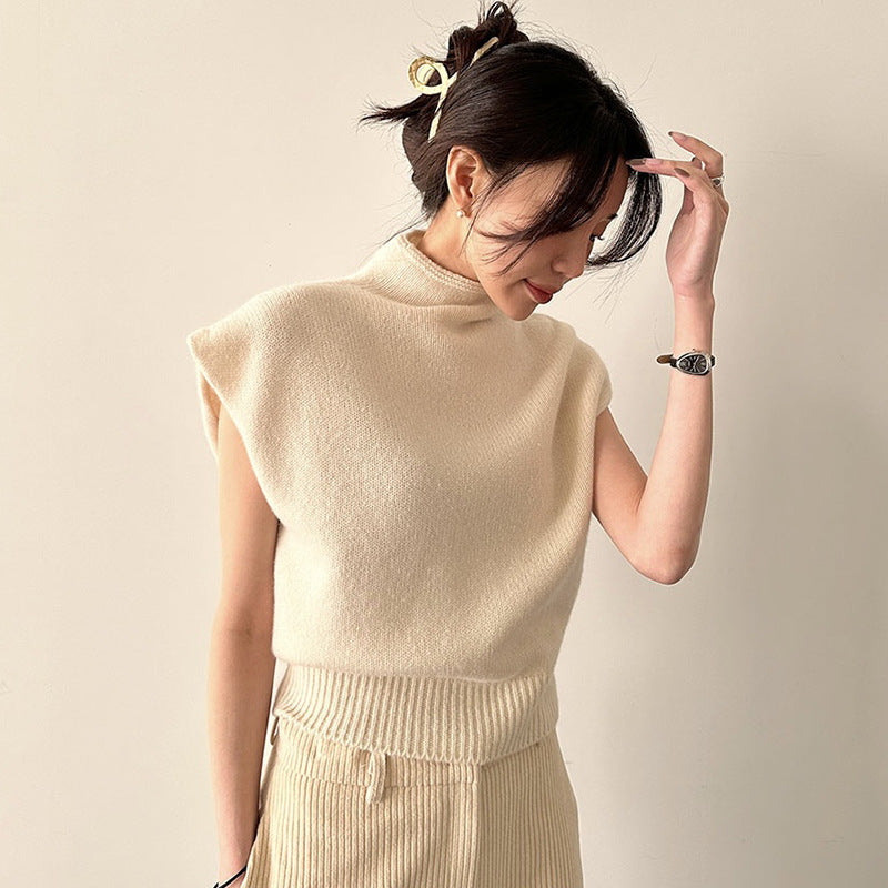 High Collar Loose All-matching Sleeveless Knitwear Sweater Top Women