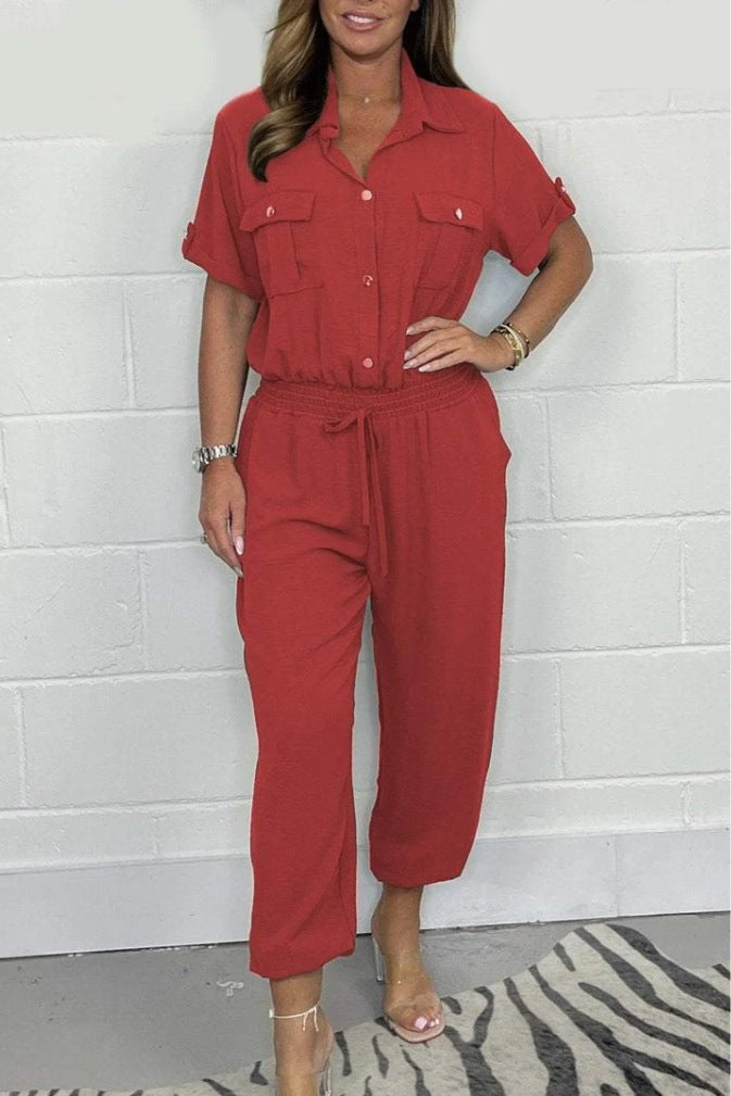 All-Match-Einfarbiger Casual Polokragen Shirt Weites Bein Jumpsuit Für Damen