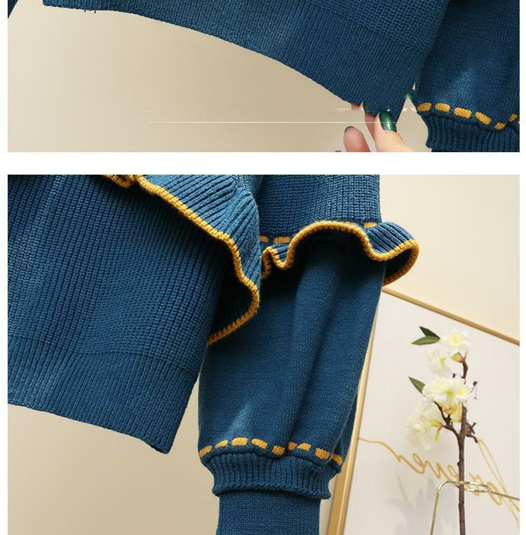 Suéter de mujer con manga farol y parte inferior de punto