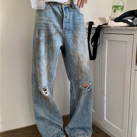 Women's High Waist Straight Ripped Jeans