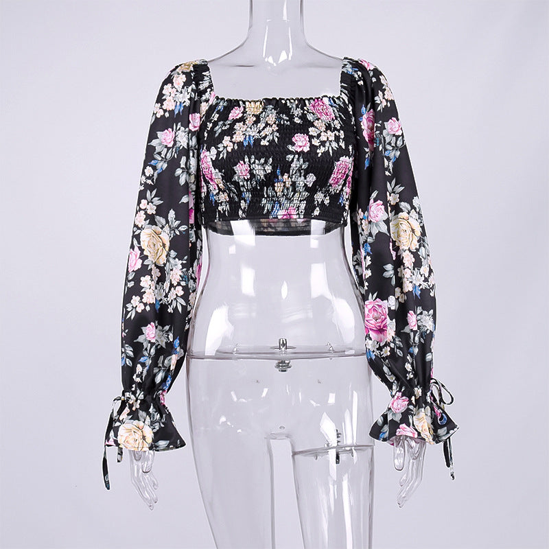 Damen-Crop-Top mit Blumenmuster, ausgestellten Ärmeln und Falten