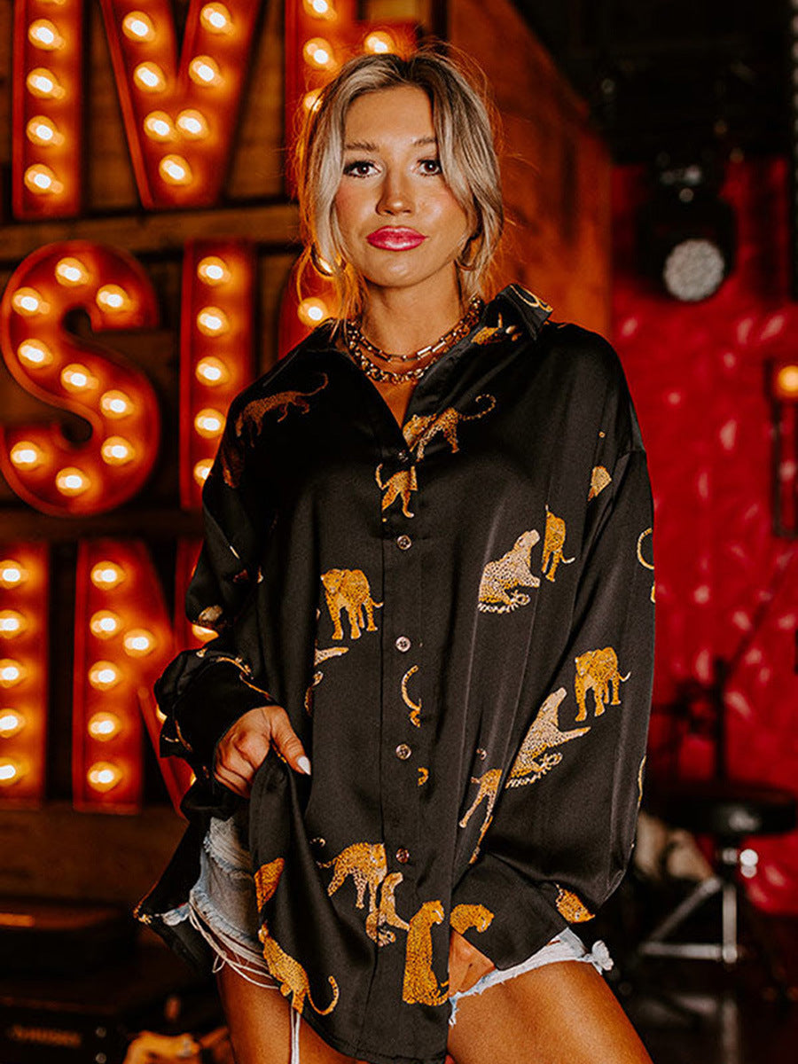 Herbst einfarbiger Satin-Langarm-Cardigan, dünnes, personalisiertes Animal-Print-Shirt für Frauen