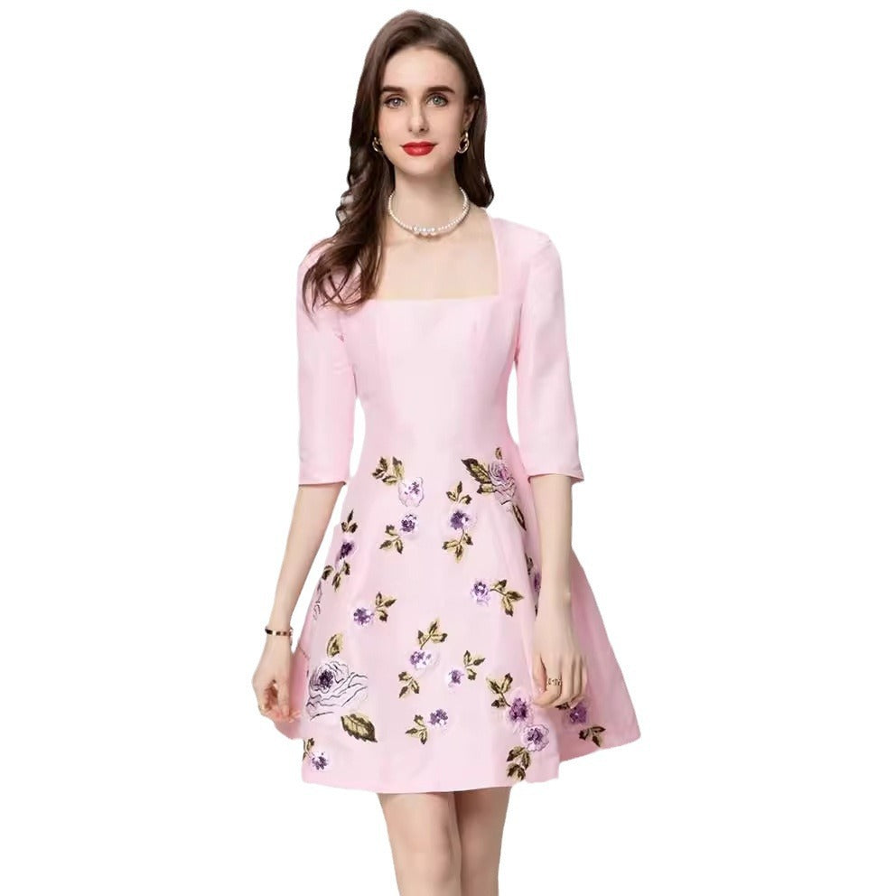 Exquisite Embroidered Flowers Half Sleeve Skirt Dress