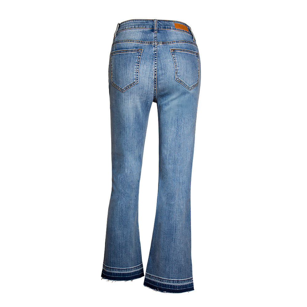Gewaschene, elastische, lockere Bootcut-Jeans für Damen mit weitem Bein und Knöchellänge