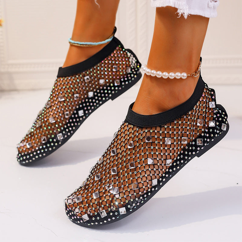 Modische flache Sandalen aus Netzstoff mit buntem Strass-Design, neue Strandschuhe mit runder Spitze für Damen