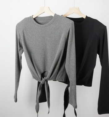 Solid Color Round Neck Right-angle Shoulder Design Sense Padded Long-sleeved T-shirt