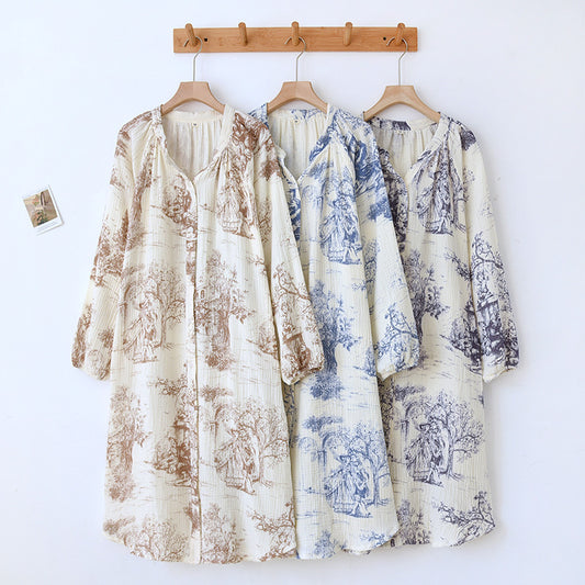 Damen-Nachthemd „Secret Garden“ aus reinem Baumwollgarn mit V-Ausschnitt
