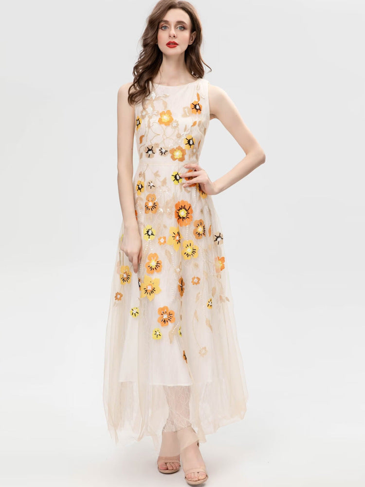 Exquisite Embroidery Floral Sequined Sleeveless Apricot Swing Long Dress