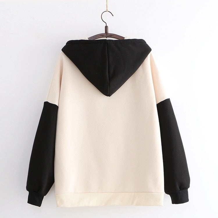 College Style Cute Cartoon Panda Contrast Color Loose Sweater