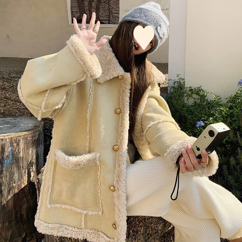 Fur-integrated Lamb Wool Coat For Women Winter