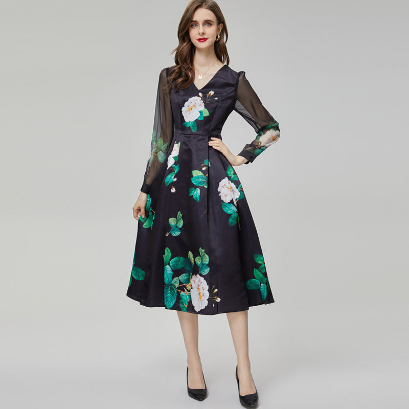 Fashion V-neck Green Printed Long Sleeve Black Mid-length Dress