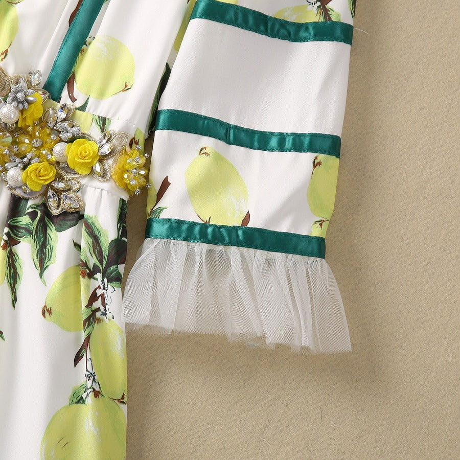 Three-dimensional Rhinestone Flower Waist-tight Lemon Pattern Half Sleeve Dress