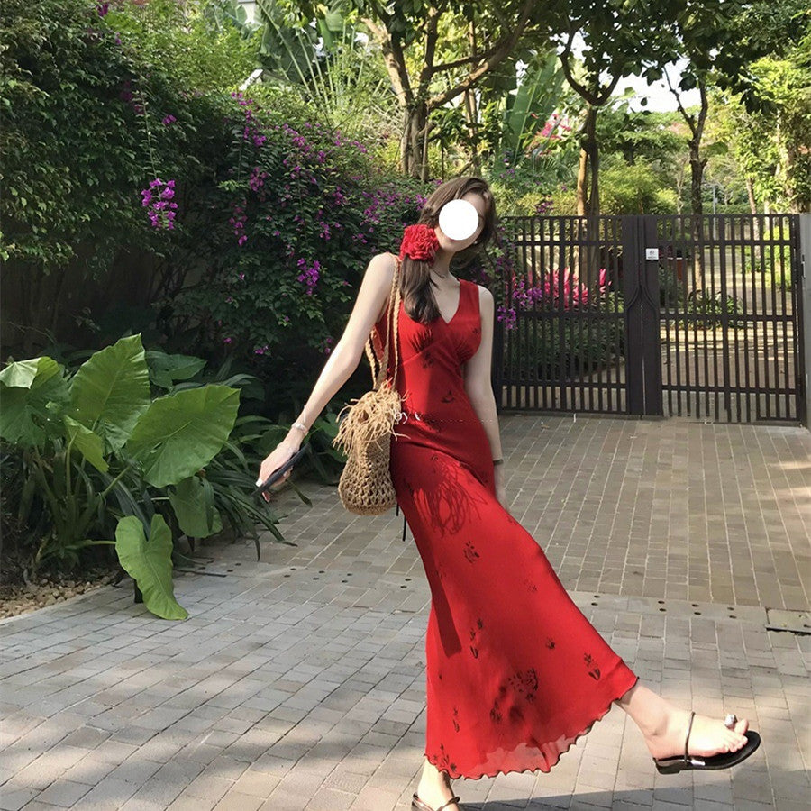 Rotes Sling-Kleid mit V-Ausschnitt und Taille für Damen im Sommer