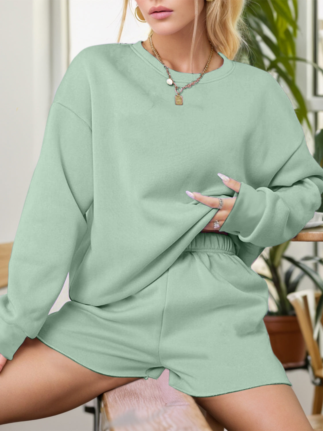 Round Neck Sweatshirt and Shorts Set