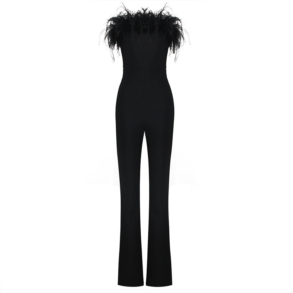 Europäischer und amerikanischer sexy Tube Top Feather Bandage Jumpsuit