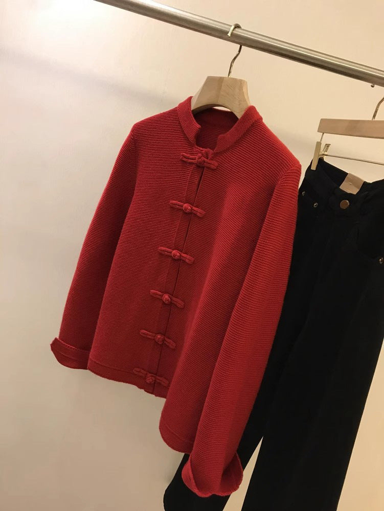 Suéter tipo cárdigan de punto con hebilla de estilo chino nuevo de color rojo chino para mujer